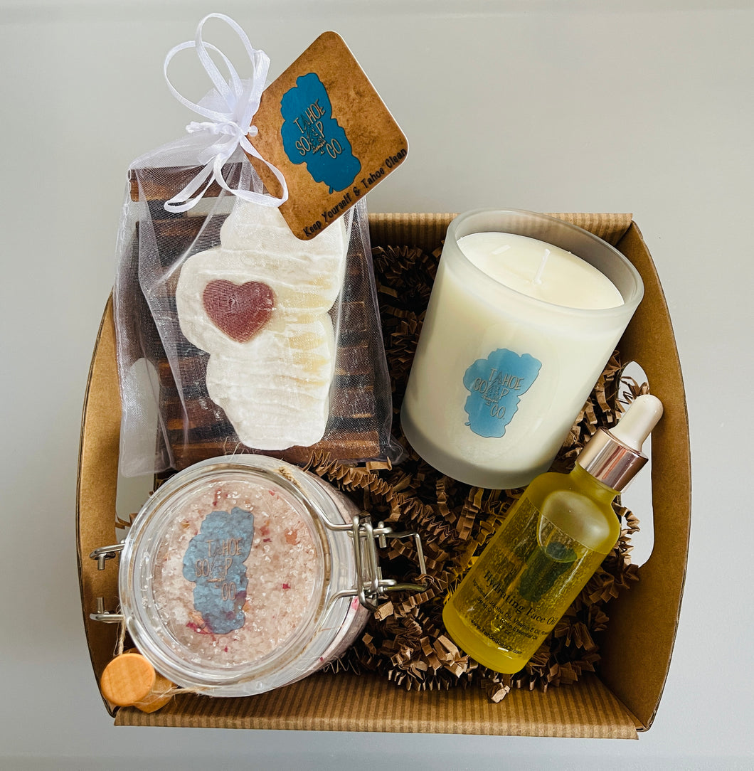 Face Oil, Candle, Bath Salts, + Soap Basket