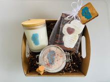 Load image into Gallery viewer, Soap, Wooden Soap Dish, Lingonberry Spice Soy Candle, + Pink Grapefruit Bath Salts Gift Basket