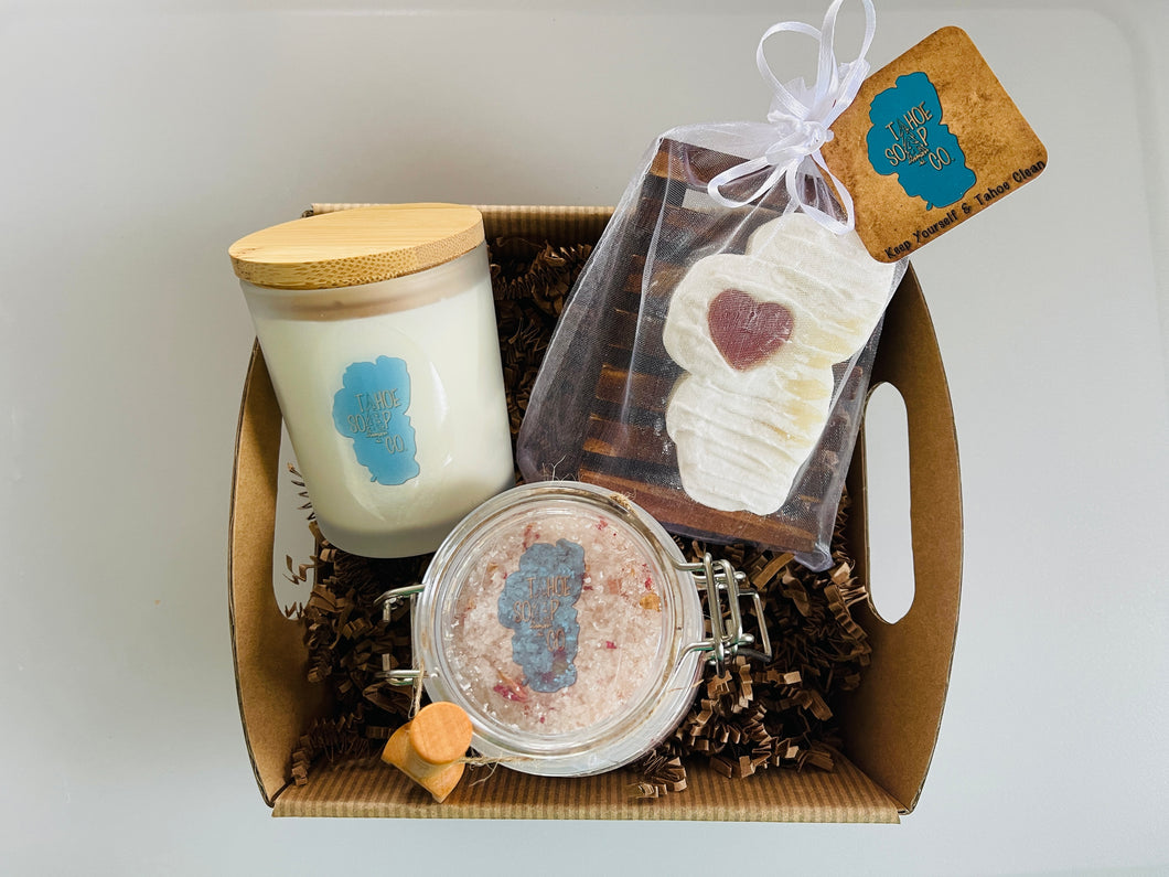 Soap, Wooden Soap Dish, Lingonberry Spice Soy Candle, + Pink Grapefruit Bath Salts Gift Basket